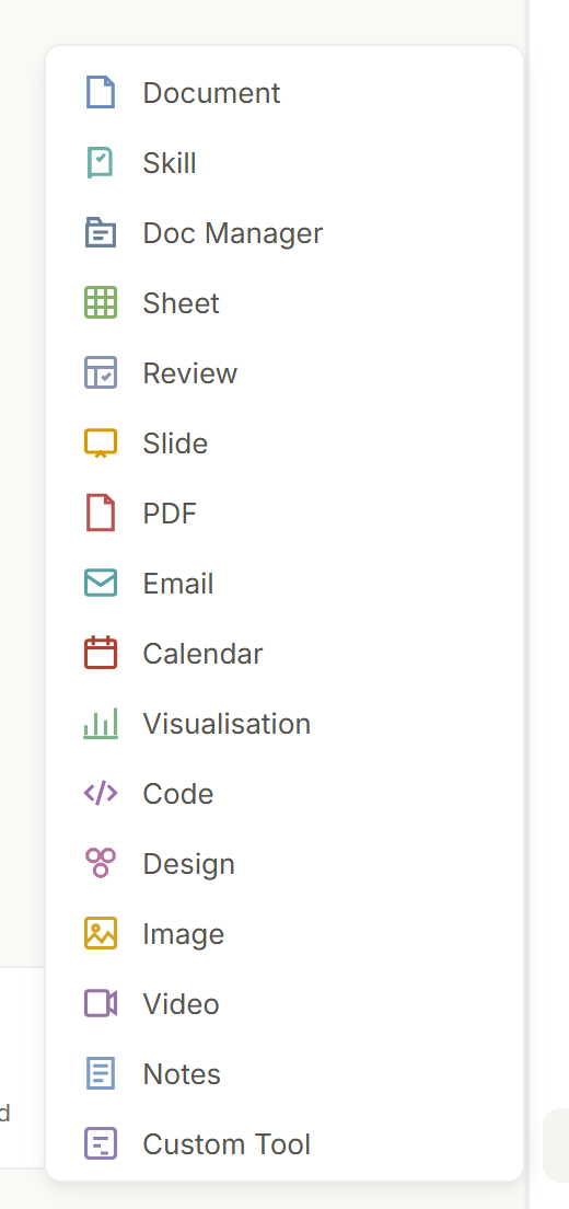 The New editor menu listing Document, Sheet, Slide, PDF, Code, Design, Image, Video and the other editors.