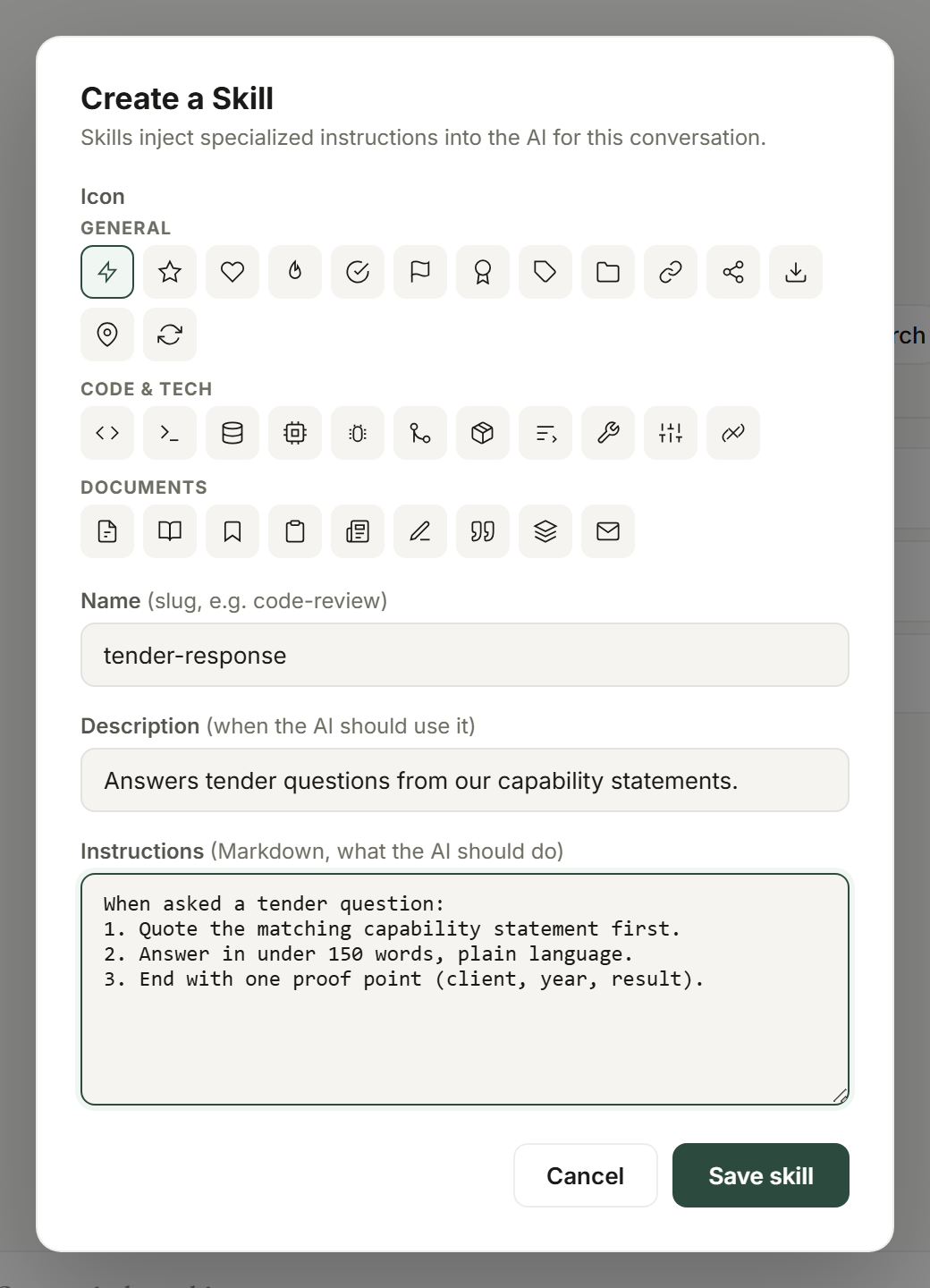 The Create a Skill dialog with the method written as numbered steps.